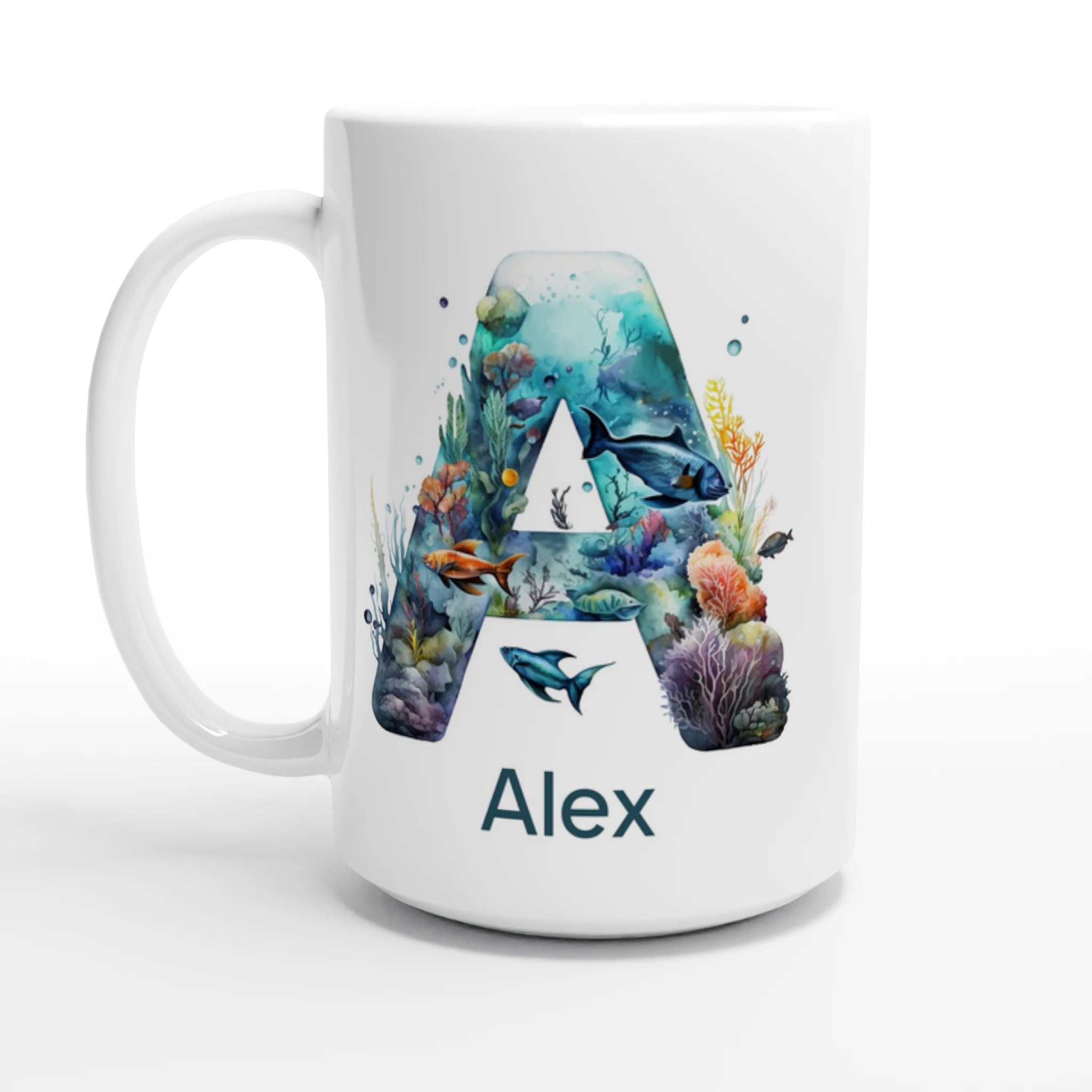 Personalise - Coral Sea Initial - White 15oz Ceramic Mug Default Title Personalised 15oz Mug animal customise Globally Fulfilled Initial Name personalise