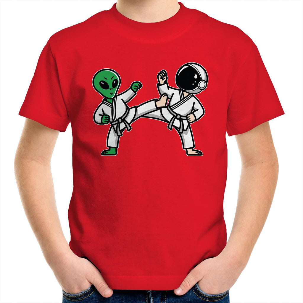 Alien And Astronaut Karate - Kids Youth T-Shirt Red Kids Youth T-shirt Printed In Australia Sci Fi Space