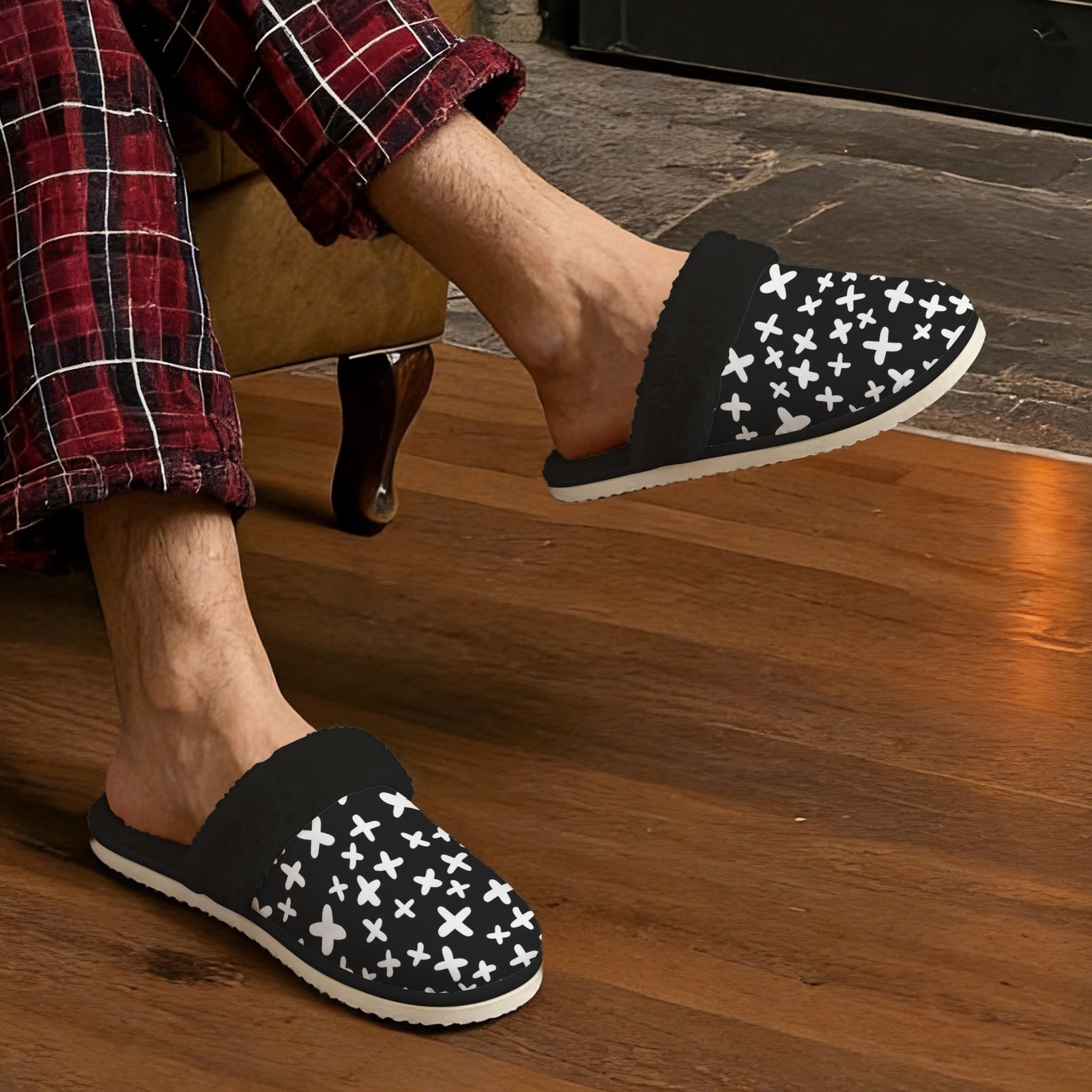 Black And White X's Men's Fur Trim Thick-Sole Indoor Slippers Men's Fur Trimmed Slippers Printed Offshore