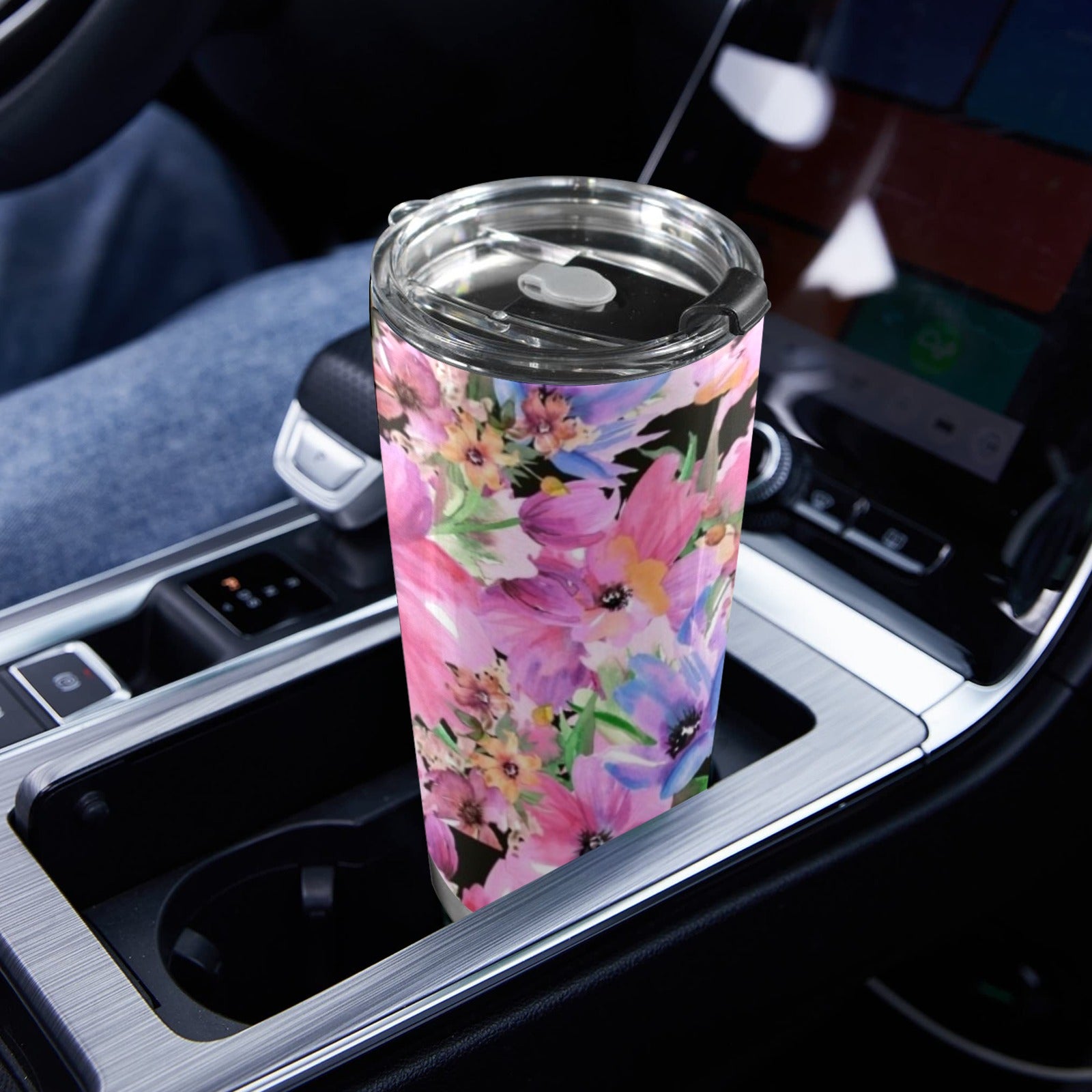 Bright Pink Floral - 20oz Mobile Tumbler with Lid (Black Lock) 20oz Travel Mug Printed Offshore
