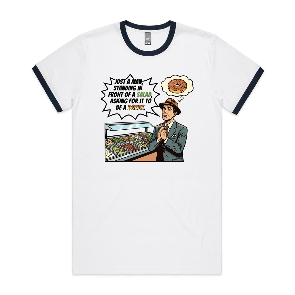 Just A Man Standing In Front Of A Salad Men's AS Colour Ringer Tee White Navy Ringer T-Shirt Food Printed In Australia