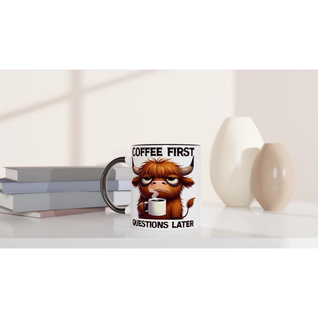 Personalise - Coffee First, Questions Later, Highland Cow - 11oz Ceramic Mug Personalised 11oz Mug animal Coffee Globally Fulfilled