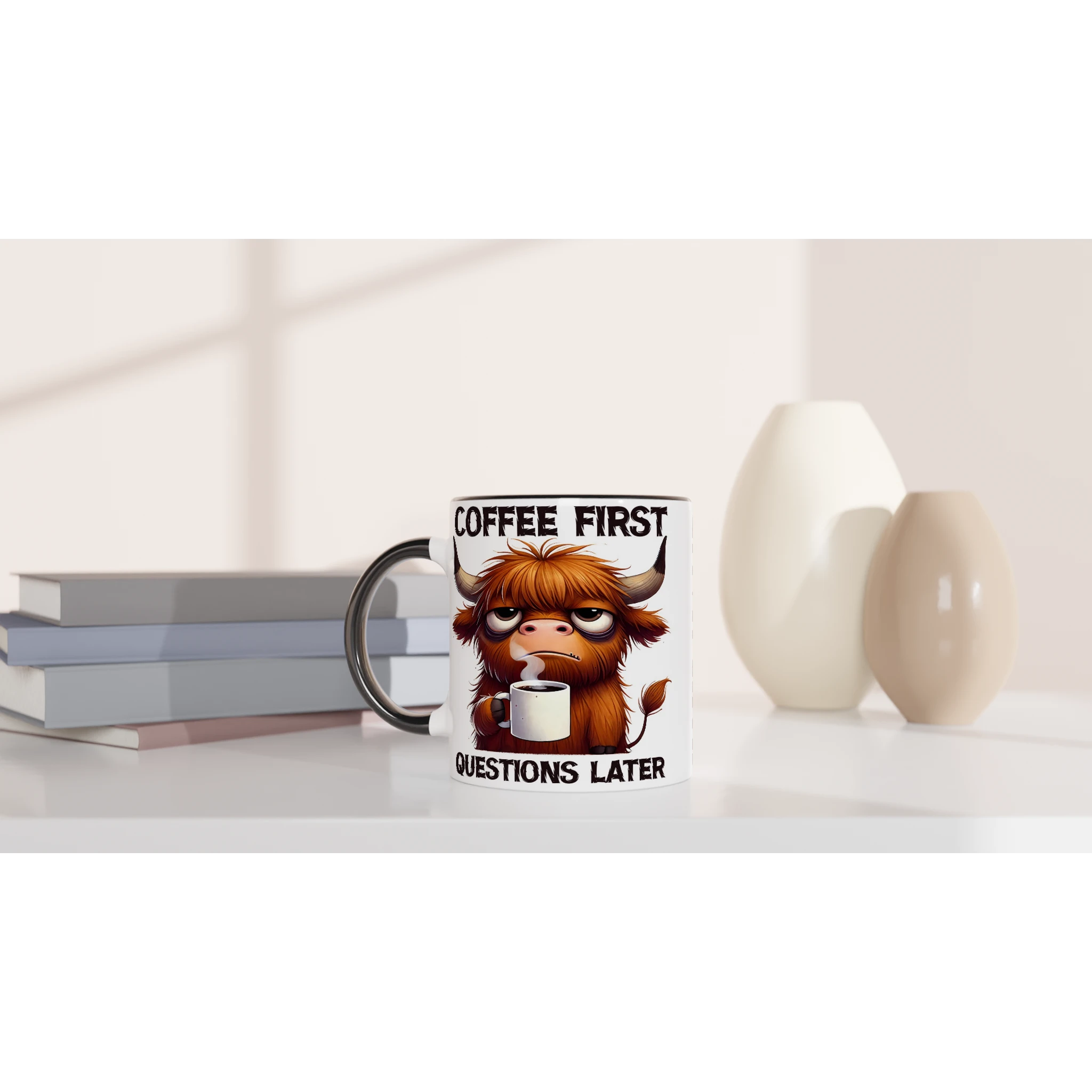 Personalise - Coffee First, Questions Later, Highland Cow - 11oz Ceramic Mug Personalised 11oz Mug animal Coffee Globally Fulfilled
