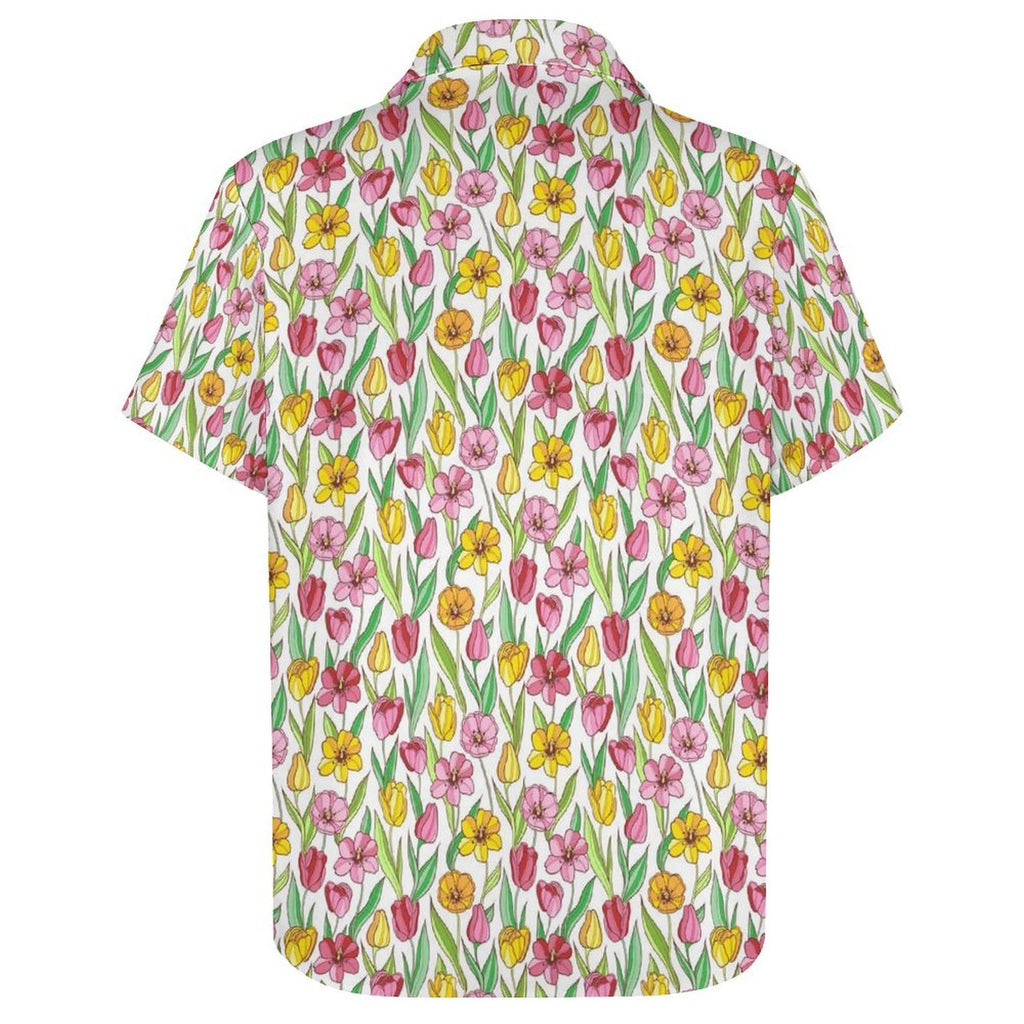 Pink And Yellow Floral Women's Short-Sleeve Button Up Shirt Women's Short-Sleeve Button Up Shirt Plants Printed Offshore