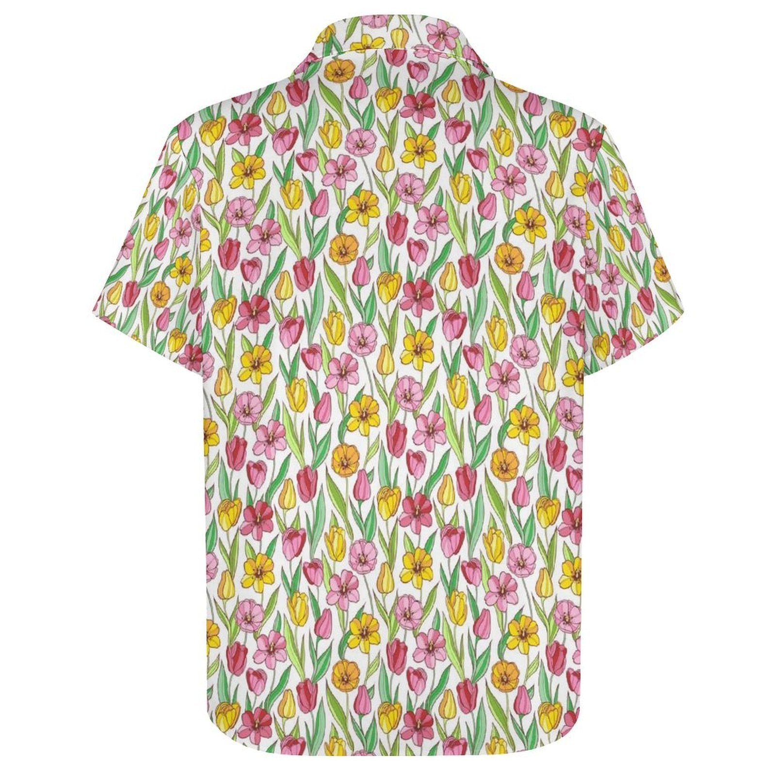 Pink And Yellow Floral Women's Short-Sleeve Button Up Shirt Women's Short-Sleeve Button Up Shirt Plants Printed Offshore
