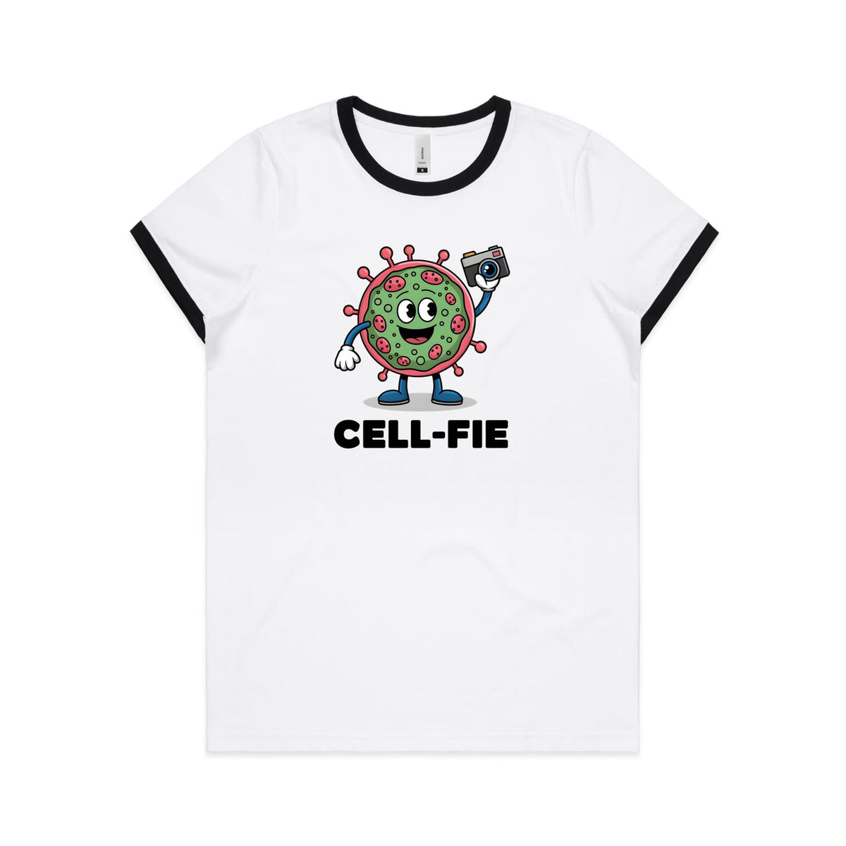 Cell-fie Cell Selfie AS Colour Women's Ringer Tee White Black Womens Ringer T-shirt Printed In Australia Science