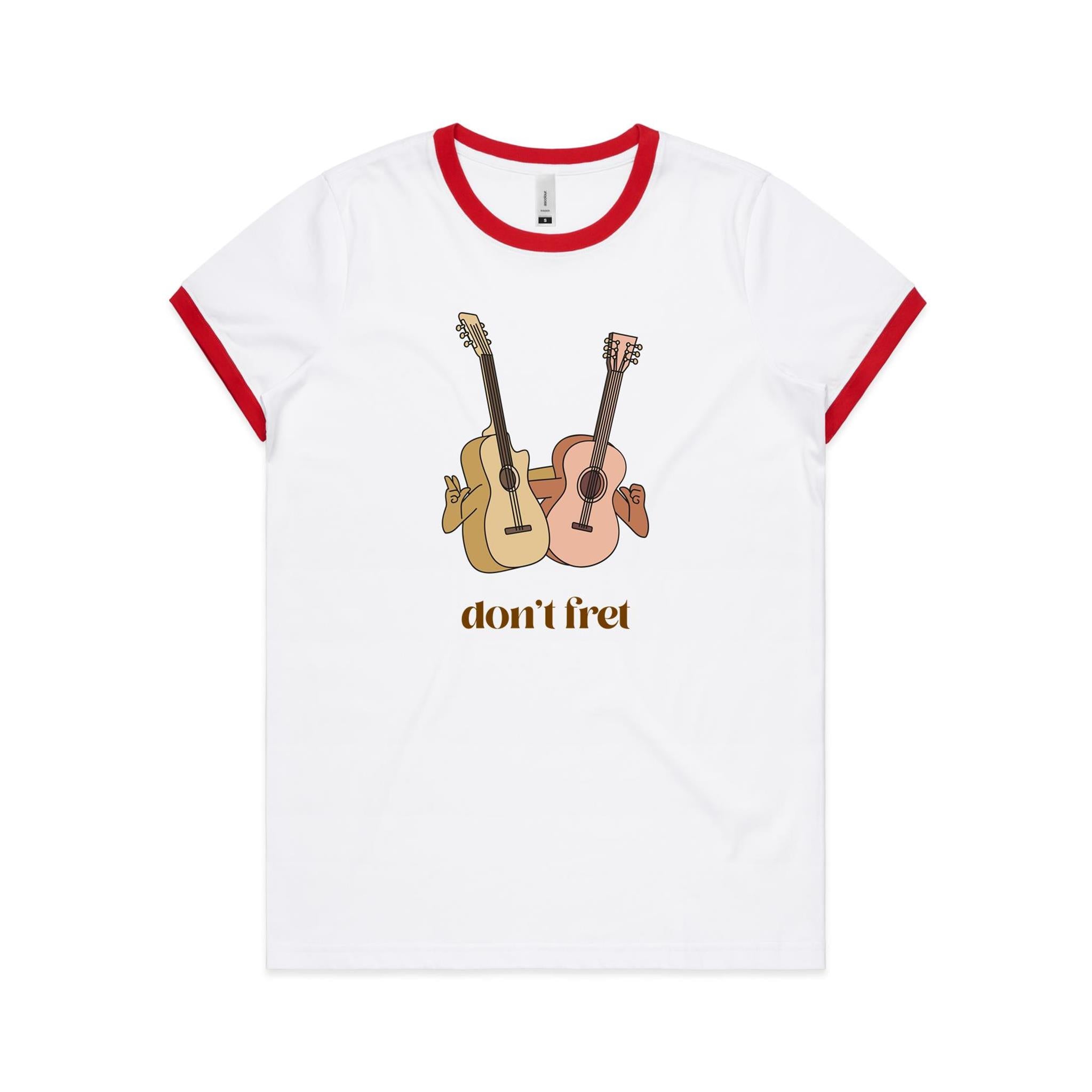 Guitars, Don't Fret - Women's Ringer Tee White Red Womens Ringer T-shirt Music Printed In Australia