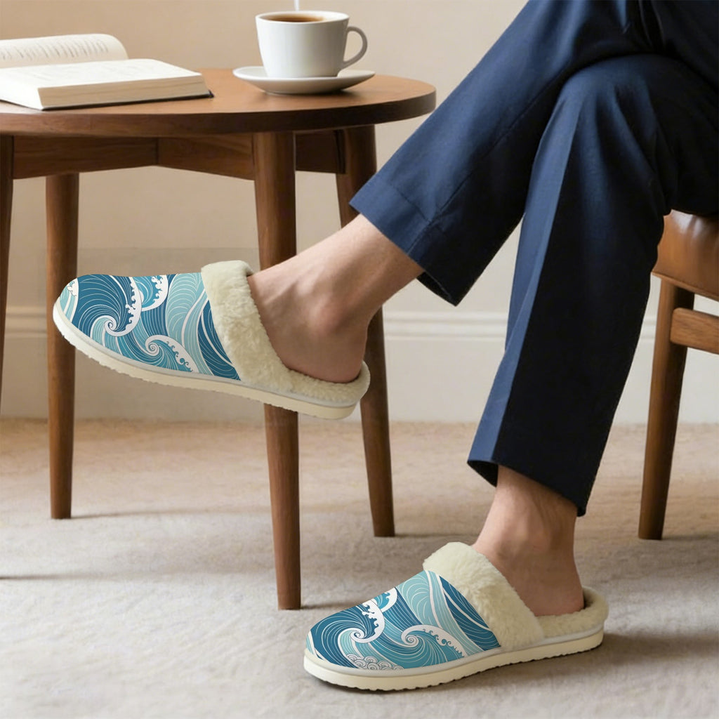 Ocean Waves Men's Fur Trim Thick-Sole Indoor Slippers Men's Fur Trimmed Slippers Ocean Printed Offshore Surf