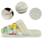 Tropical Flowers On White Women's Fur Trim Thick-Sole Indoor Slippers Women's Fur Trimmed Slippers Plants Printed Offshore