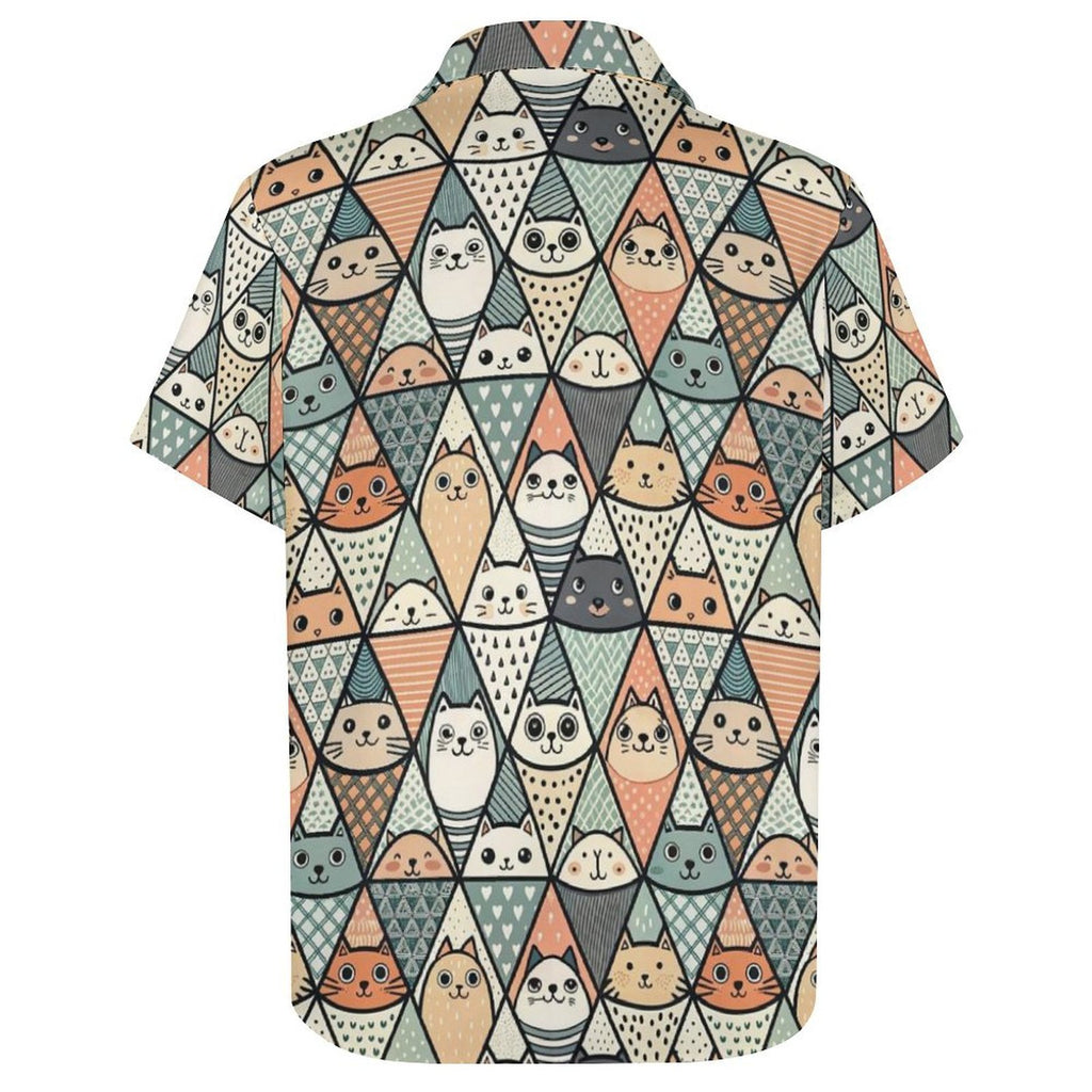 Diamond Cat Pattern Women's Short-Sleeve Button Up Shirt Women's Short-Sleeve Button Up Shirt animal Printed Offshore