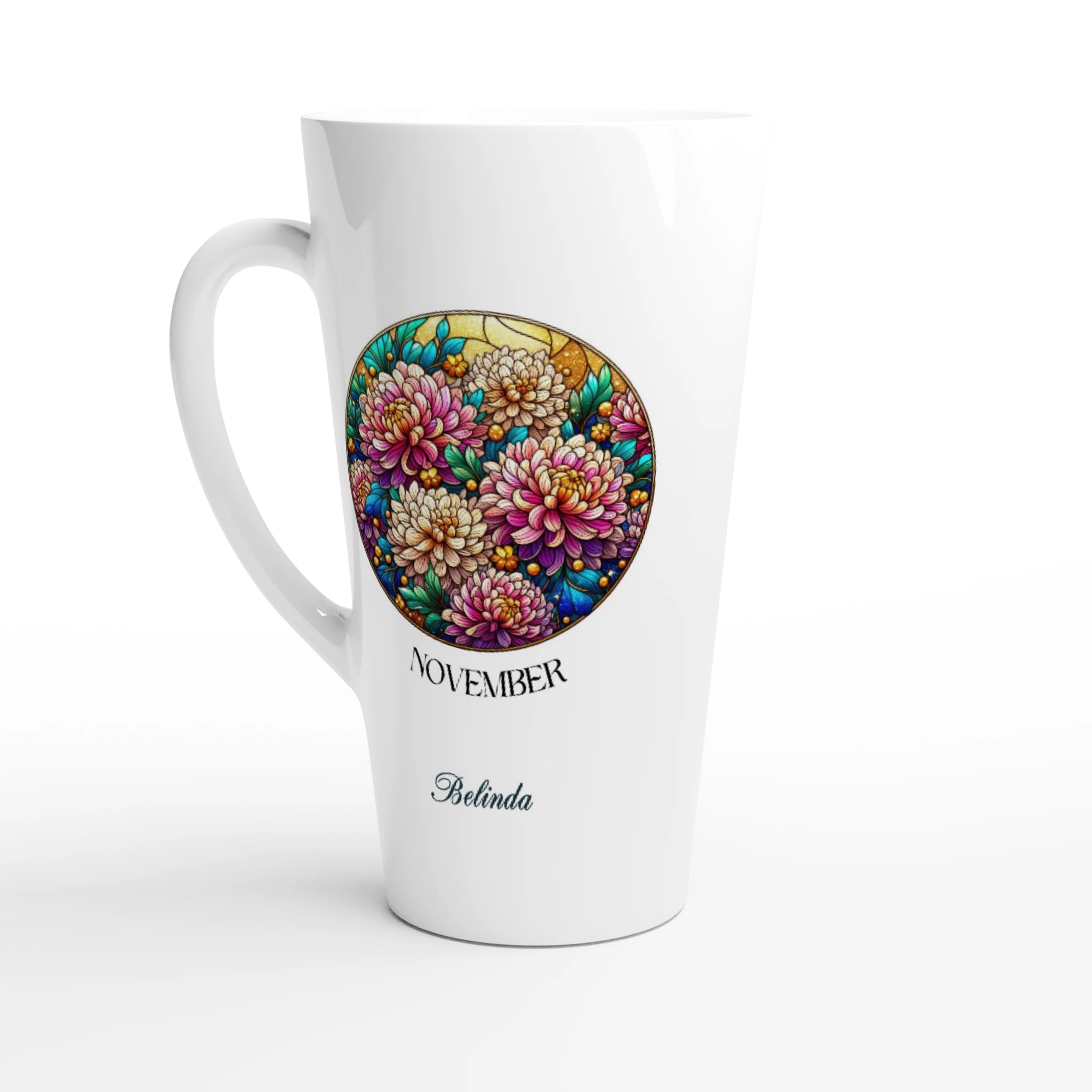 Stained Glass Birth Month Flowers - White Latte 17oz Ceramic Mug Default Title Personalised Latte Mug customise Globally Fulfilled Name Plants