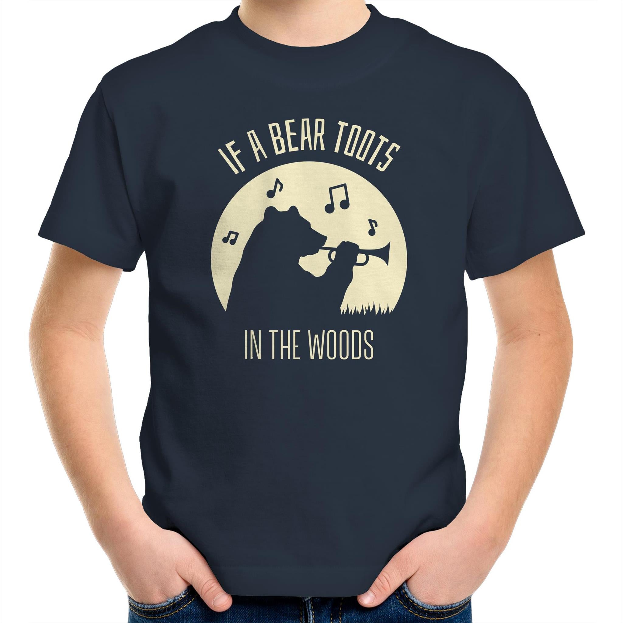 If A Bear Toots In The Woods, Saxophone Player - Kids Youth T-Shirt Navy Kids Youth T-shirt animal Music Printed In Australia