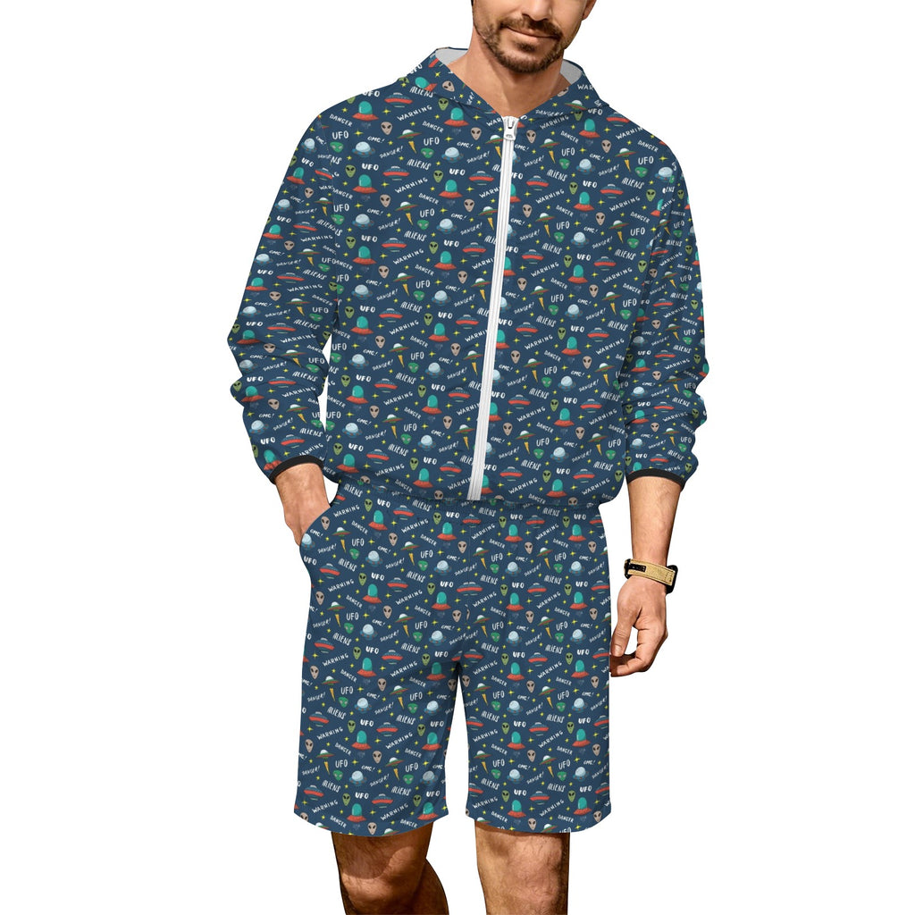 UFO's And Aliens Men's Lightweight Sun Hoodie & Shorts Set 4XL Men's Lightweight Sun Hoodie & Shorts Printed Offshore Sci Fi