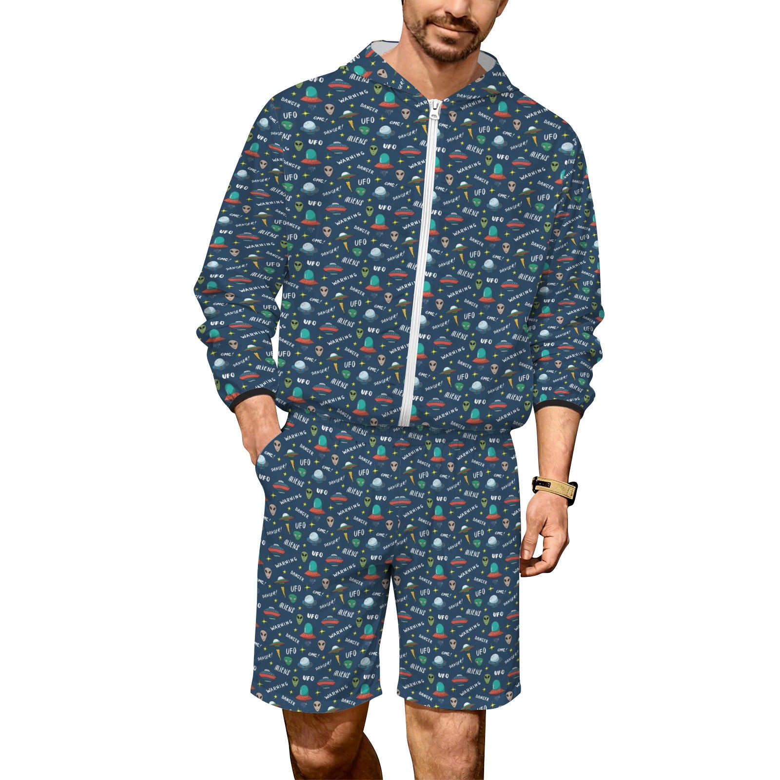 UFO's And Aliens Men's Lightweight Sun Hoodie & Shorts Set 4XL Men's Lightweight Sun Hoodie & Shorts Printed Offshore Sci Fi