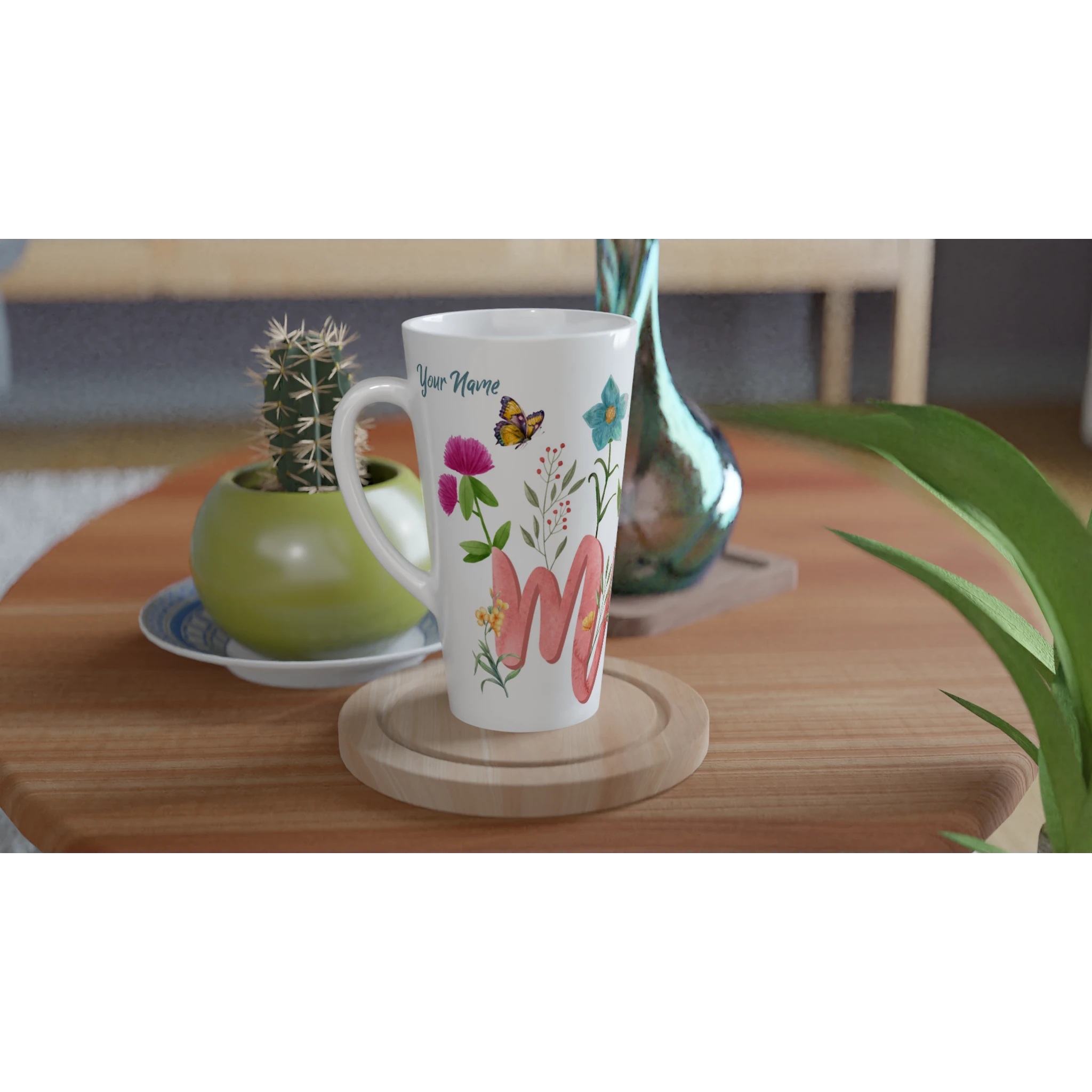 Personalised - Mum With Flowers And Butterflies - White Latte 17oz Ceramic Mug Personalised Latte Mug Globally Fulfilled Mum