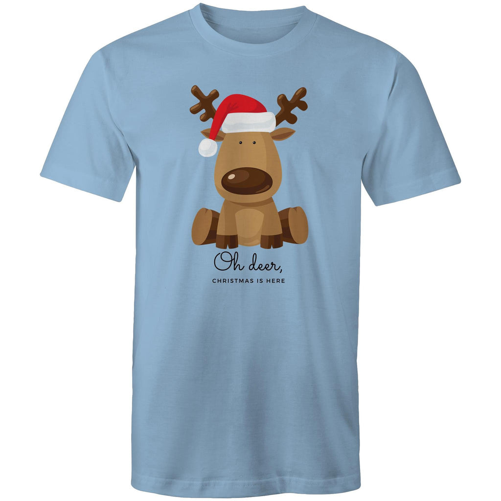 Oh Deer, Christmas Is Here, Reindeer - Mens T-Shirt Carolina Blue Mens Christmas T-shirt Christmas Printed In Australia
