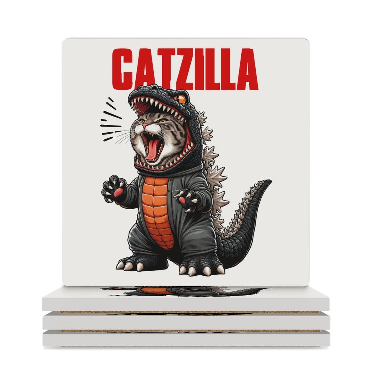 Catzilla - Ceramic Coasters (Square) white Ceramic Coasters animal Printed Offshore