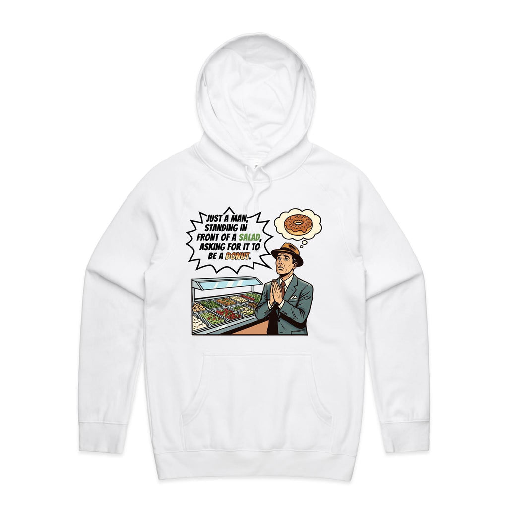 Just A Man Standing In Front Of A Salad Men's AS Colour Hoodie White Mens Hoodie Food Printed In Australia