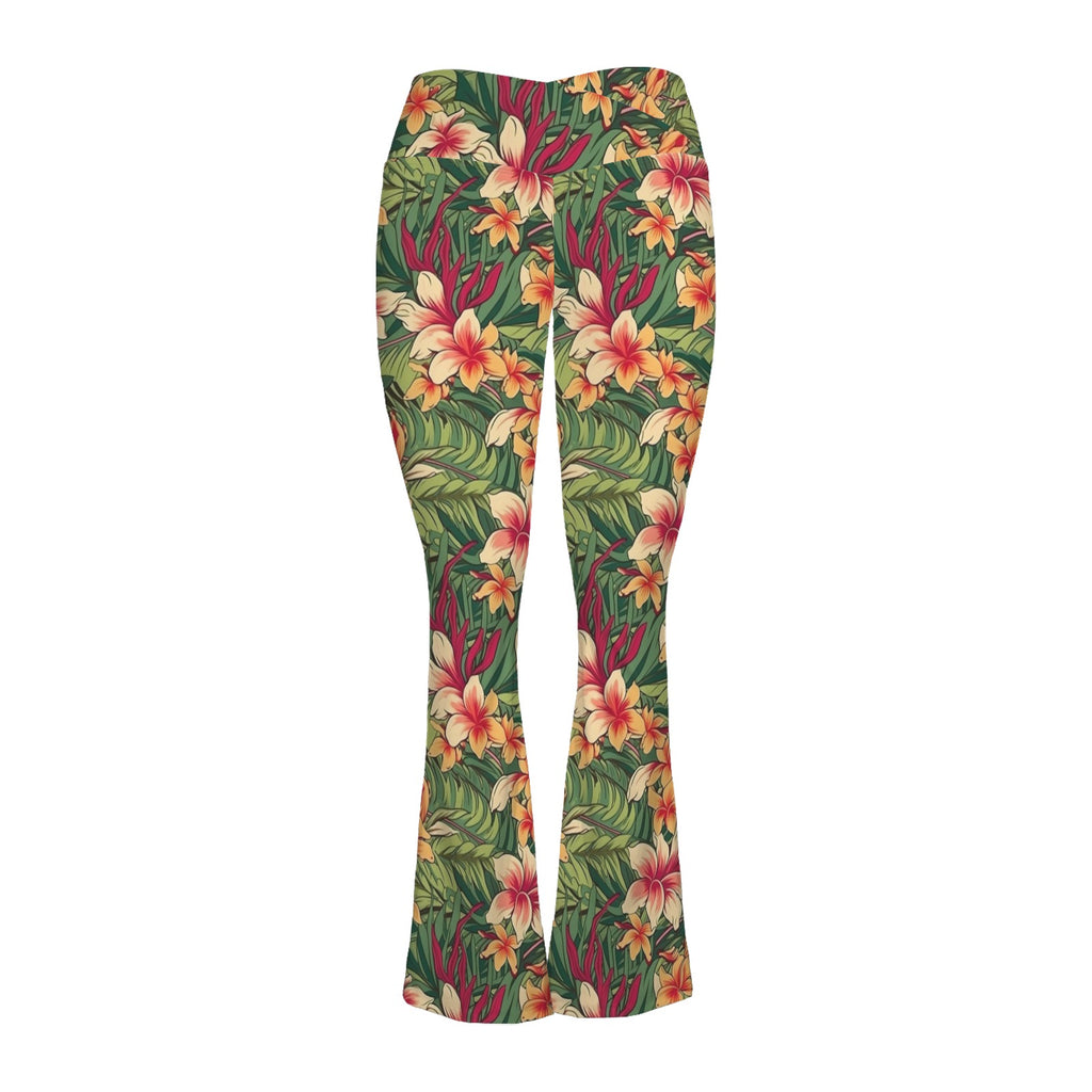 Vintage Hawaiian Floral High Waist Crossover Tummy Control Flare Leggings High Waist Flare Leggings Plants Printed Offshore