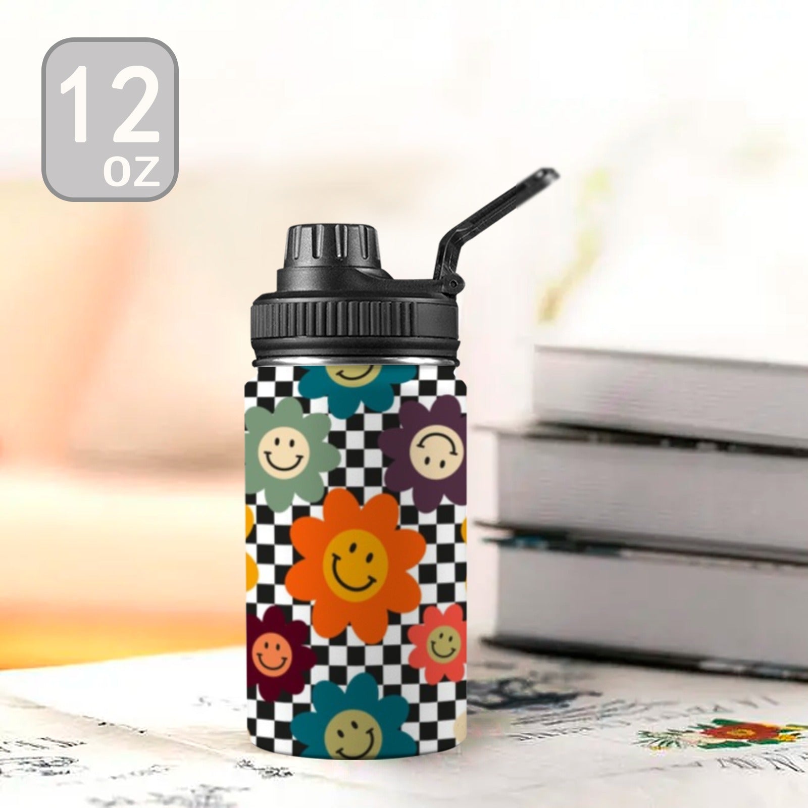 Happy Retro Flowers - Kids Water Bottle with Chug Lid (12 oz) Kids Water Bottle with Chug Lid Printed Offshore Retro