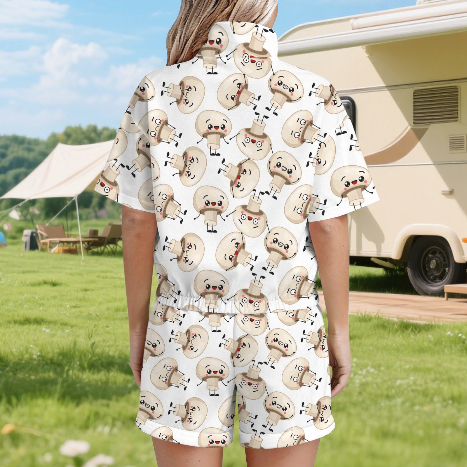 Cute Mushrooms Women's Windbreaker Short Set Women's Windbreaker Short Set Food Printed Offshore
