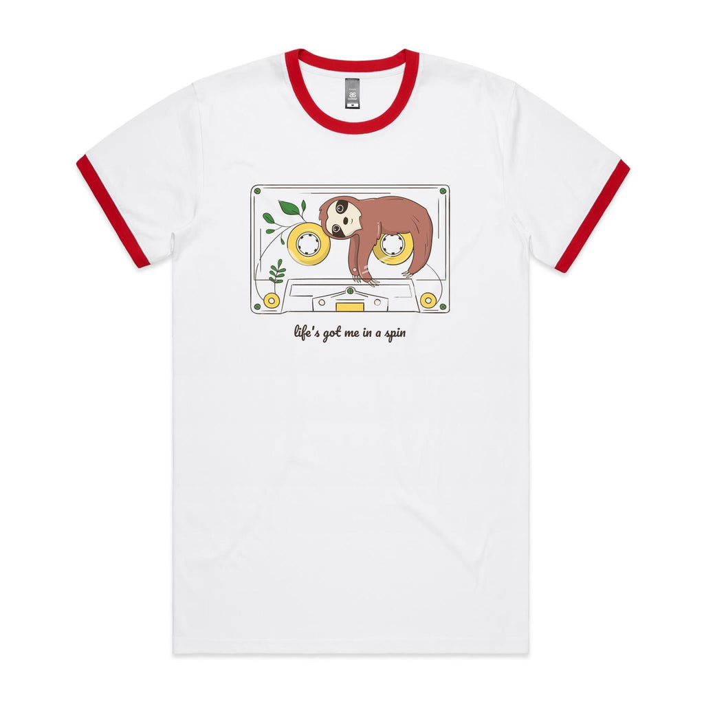 Life's Got Me In A Spin, Sloth, Cassette Tape - Staple Ringer Tee White Red Ringer T-Shirt animal Music Printed In Australia Retro
