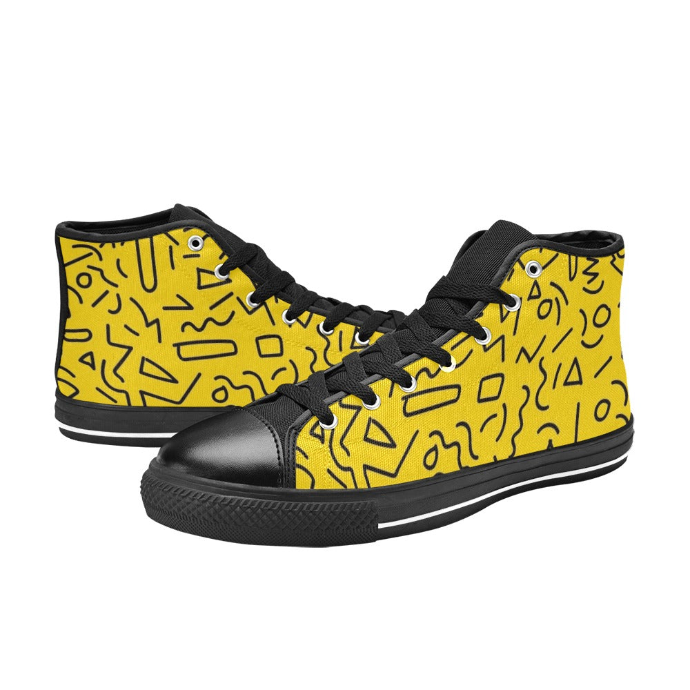 Black Squiggle On Yellow Women's High Top Canvas Shoes Womens Classic High Top Shoes Printed Offshore Retro