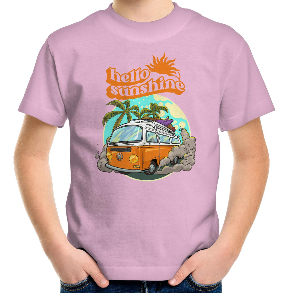 Hello Sunshine, Beach Van - Kids Youth T-Shirt Pink Kids Youth T-shirt Printed In Australia Retro Summer Surf