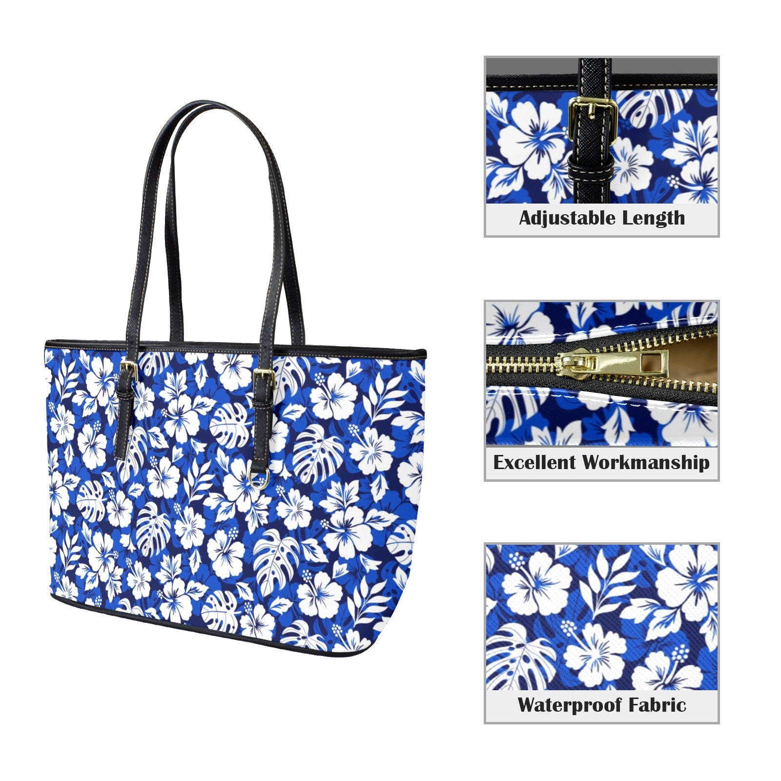 Blue Hawaiian Floral - Leather Tote Bag-Large