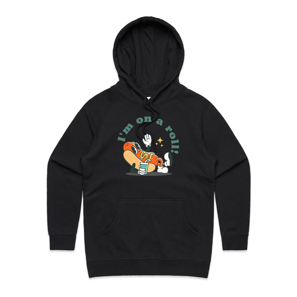 Hotdog, I'm On A Roll - Womens Hoodie Black Womens Hoodie Food Printed In Australia