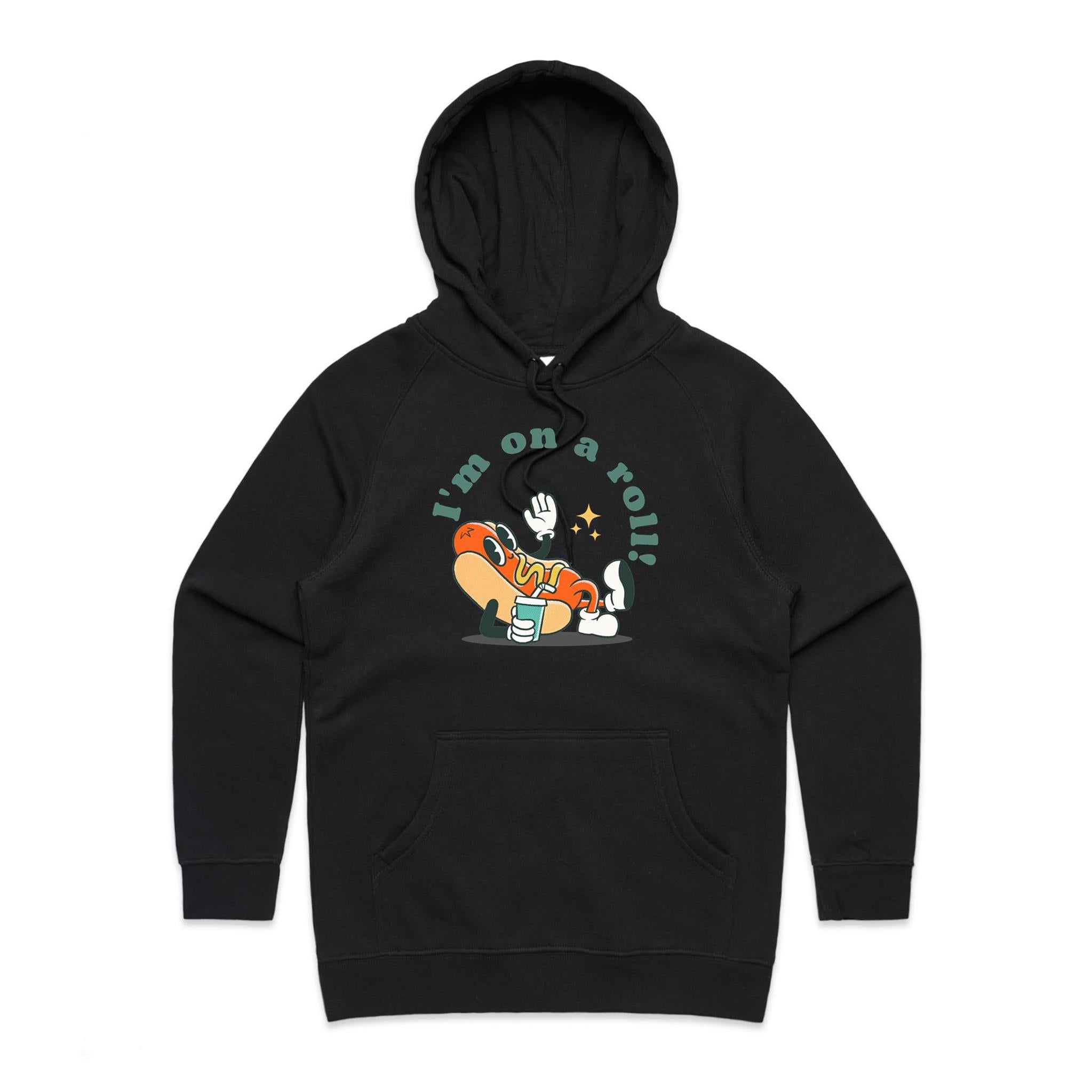 Hotdog, I'm On A Roll - Womens Hoodie Black Womens Hoodie Food Printed In Australia
