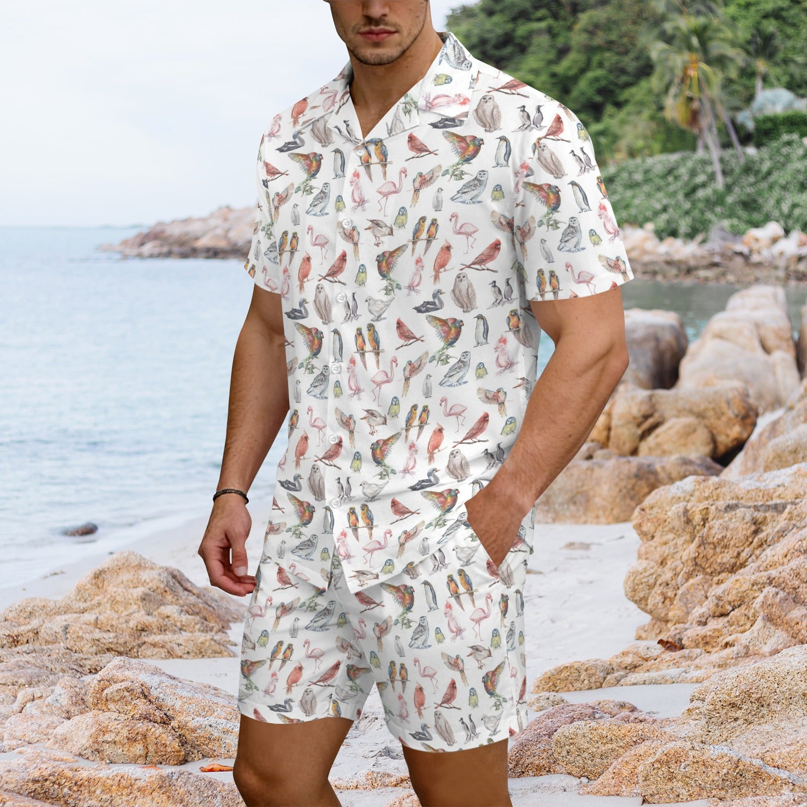Birds Of A Feather Men's Hawaiian Shirt & Shorts Set Men's Hawaiian Shirt & Shorts Set animal Birds Printed Offshore
