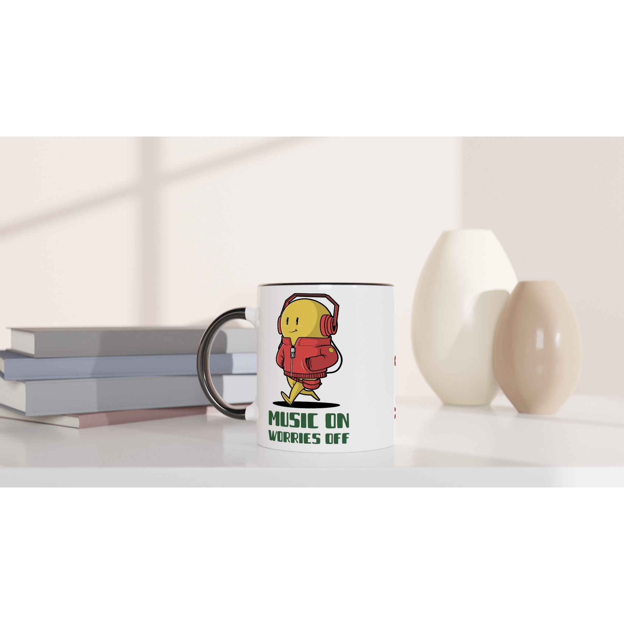 Personalised - Music On, Worries Off - White 11oz Ceramic Mug with Colour Inside Personalised 11oz Mug customise Globally Fulfilled Music personalise