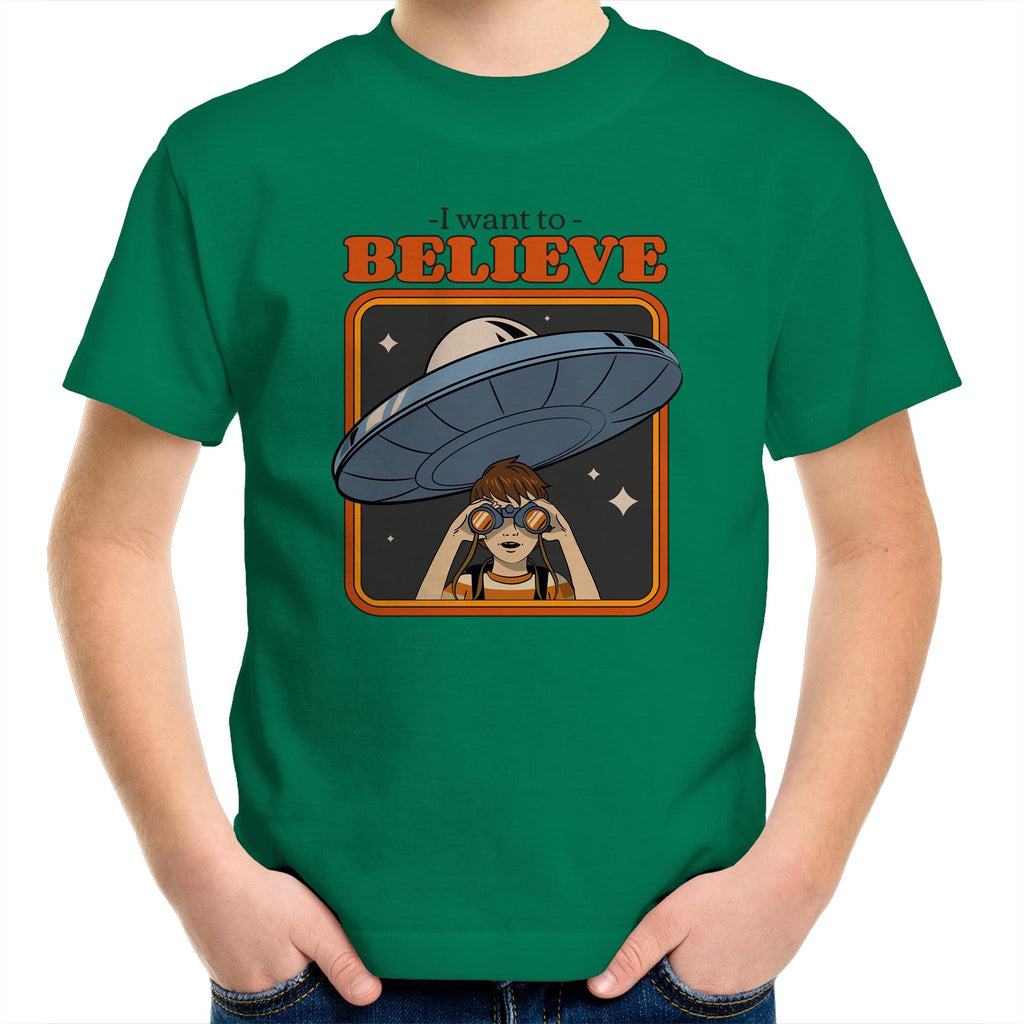 I Want To Believe, Alien UFO - Kids Youth T-Shirt Kelly Green Kids Youth T-shirt Printed In Australia Sci Fi