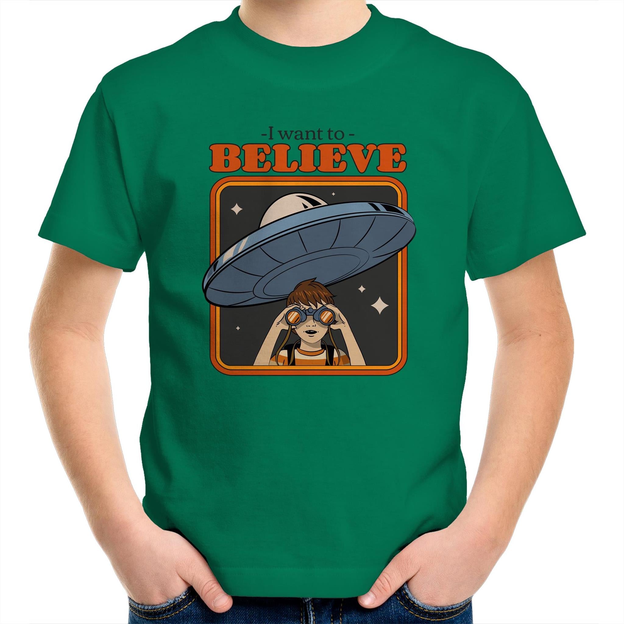 I Want To Believe, Alien UFO - Kids Youth T-Shirt Kelly Green Kids Youth T-shirt Printed In Australia Sci Fi