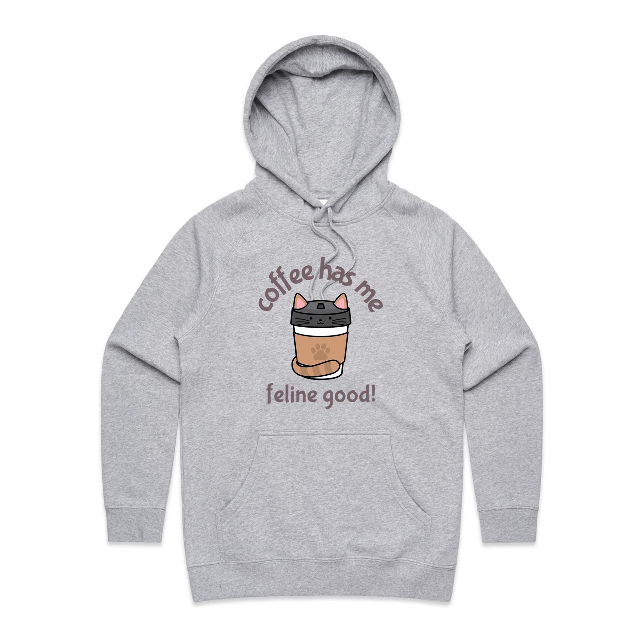 Coffee Has Me Feline Good - Womens Hoodie Grey Marle Womens Hoodie animal Coffee Printed In Australia