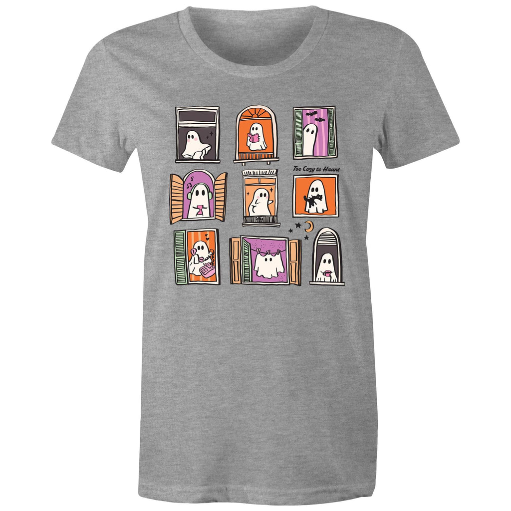 Ghosts In Windows - Womens T-shirt Grey Marle Womens T-shirt Halloween Printed In Australia