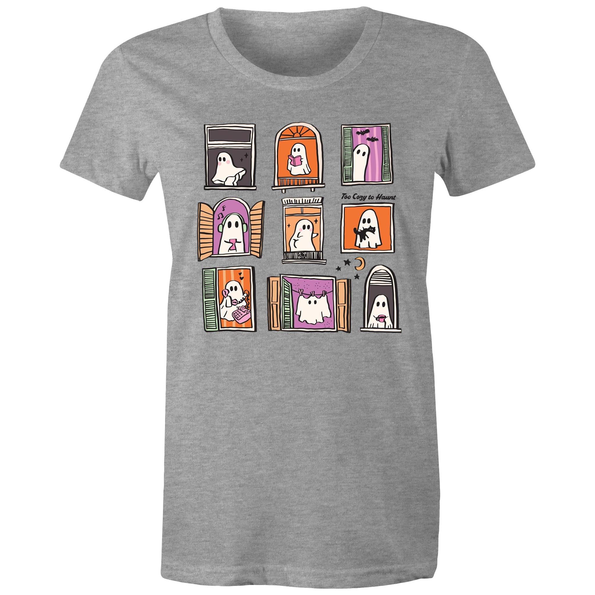 Ghosts In Windows - Womens T-shirt Grey Marle Womens T-shirt Halloween Printed In Australia