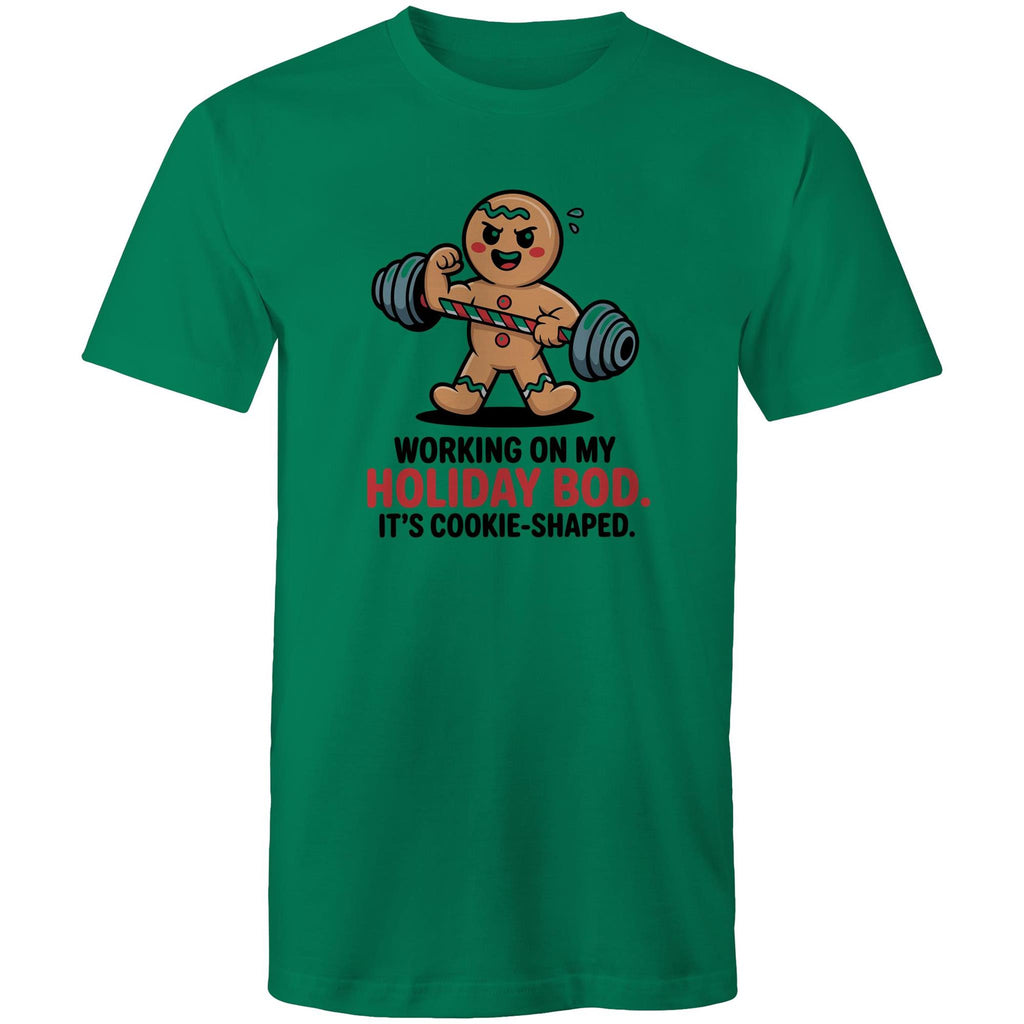 Working On My Holiday Bod, It's Cookie Shaped - Mens T-Shirt Kelly Green Mens Christmas T-shirt Christmas Printed In Australia