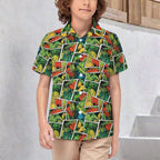 Tropical Comic Book Style Kids Youth Short Sleeve Button Up Shirt