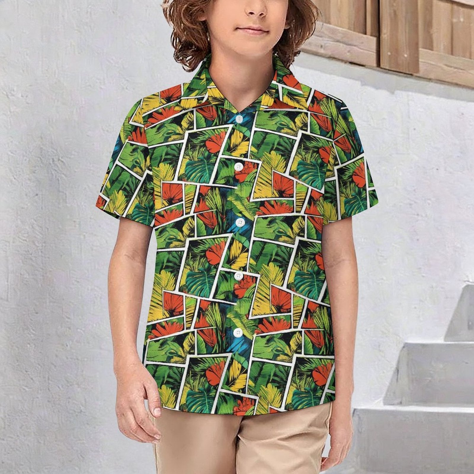 Tropical Comic Book Style Kids Youth Short Sleeve Button Up Shirt