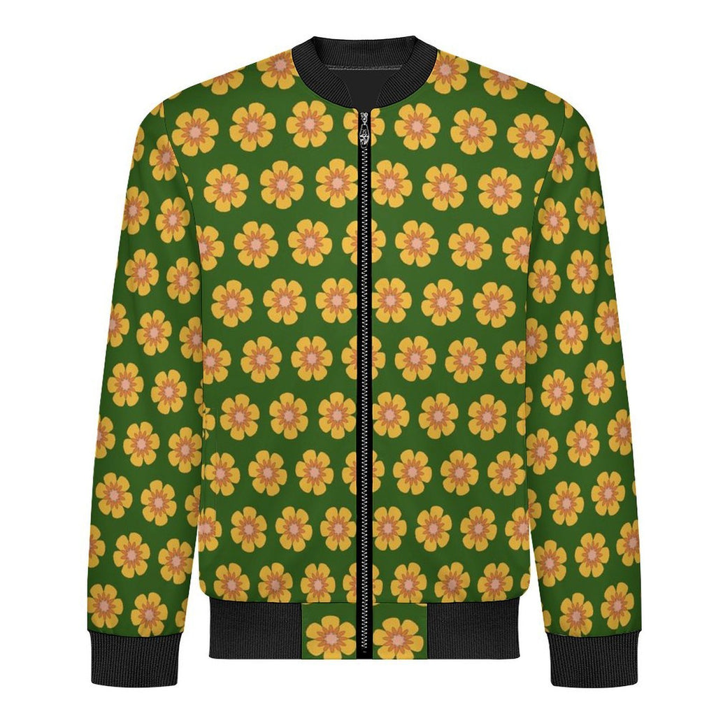 Yellow Flowers On Green Men's Casual Zip‑Up Bomber Jacket
