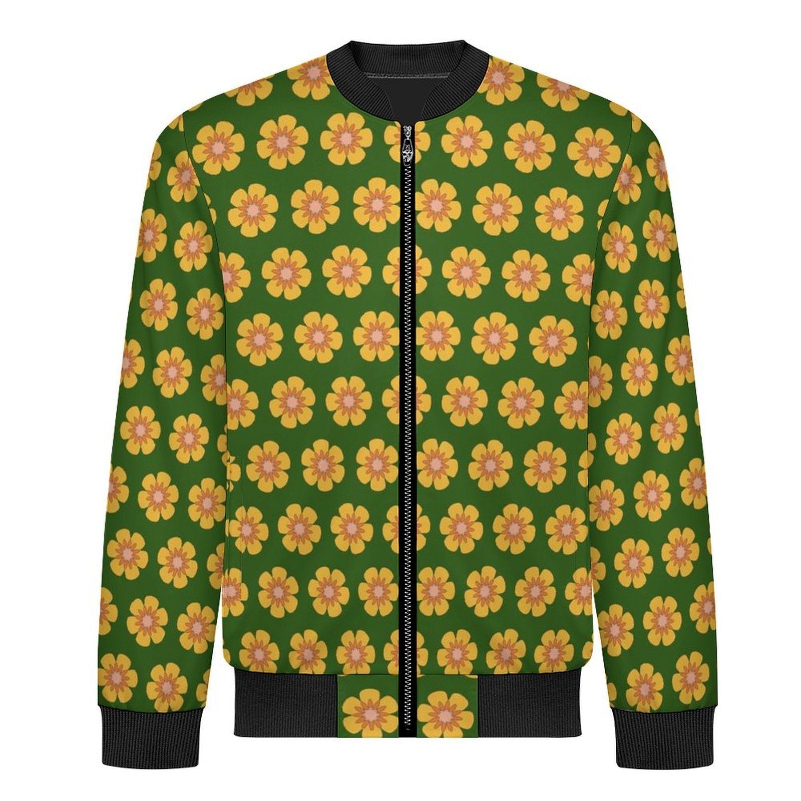 Yellow Flowers On Green Men's Casual Zip‑Up Bomber Jacket