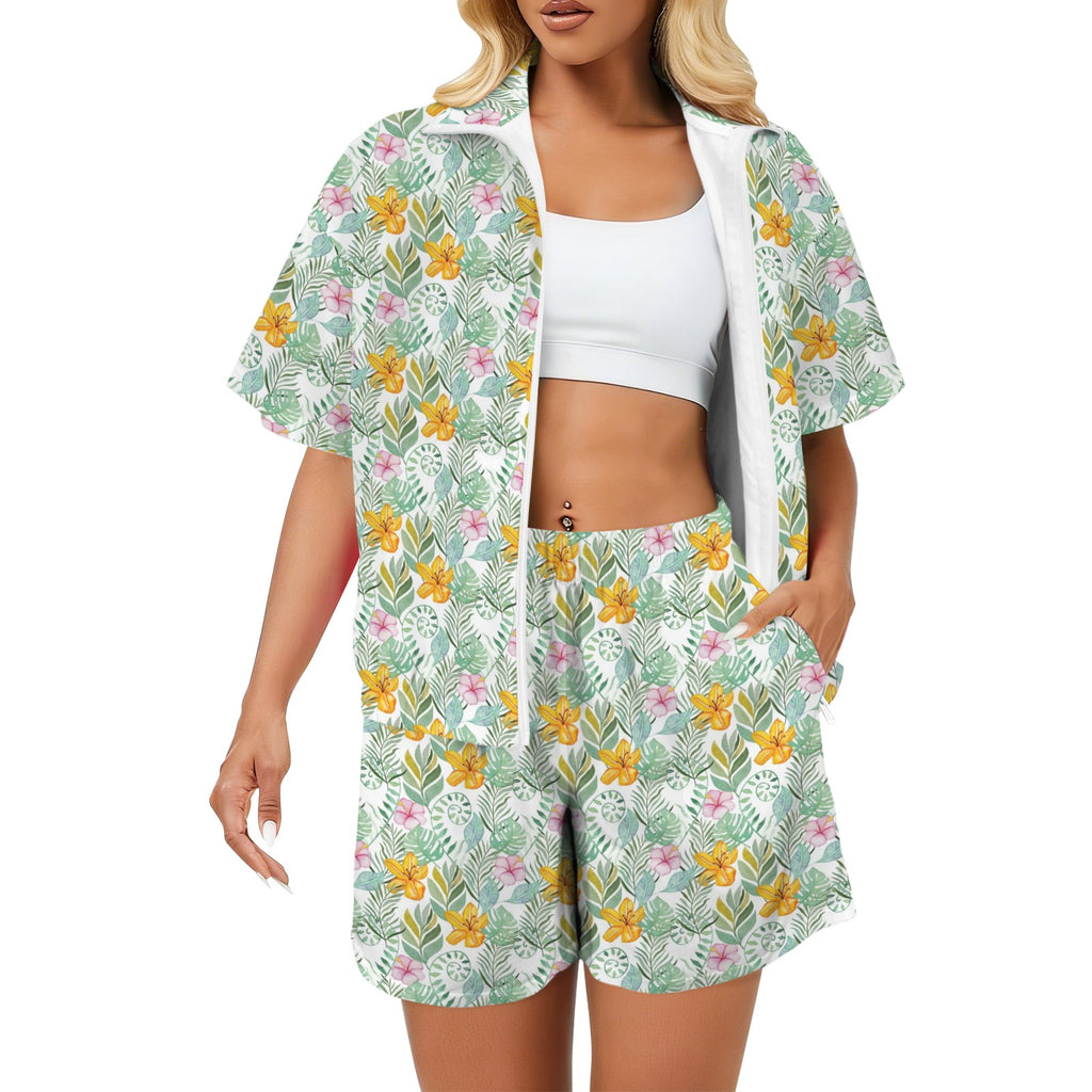 Tropical Flowers And Leaves Women's Windbreaker Short Set 2XL Women's Windbreaker Short Set Plants Printed Offshore