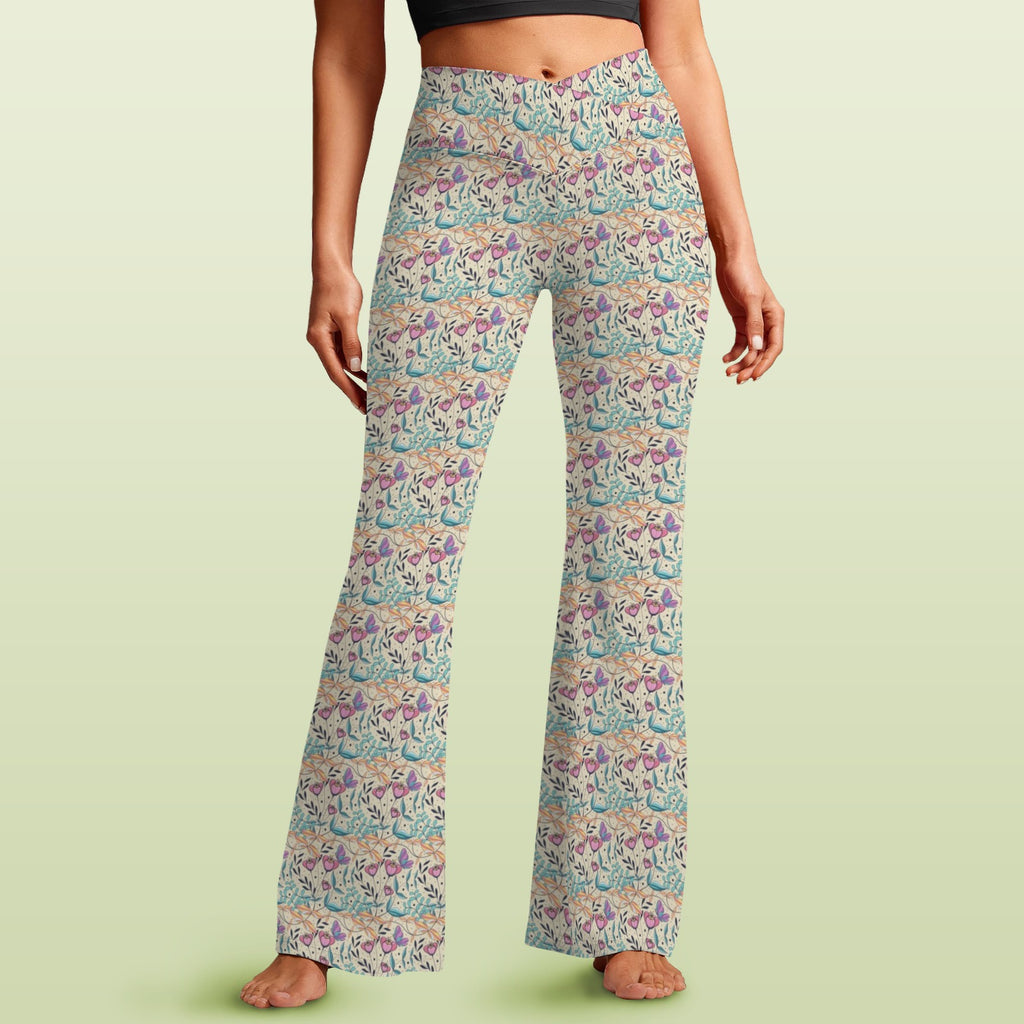 Butterfly Floral High Waist Crossover Tummy Control Flare Leggings 5XL High Waist Flare Leggings Plants Printed Offshore