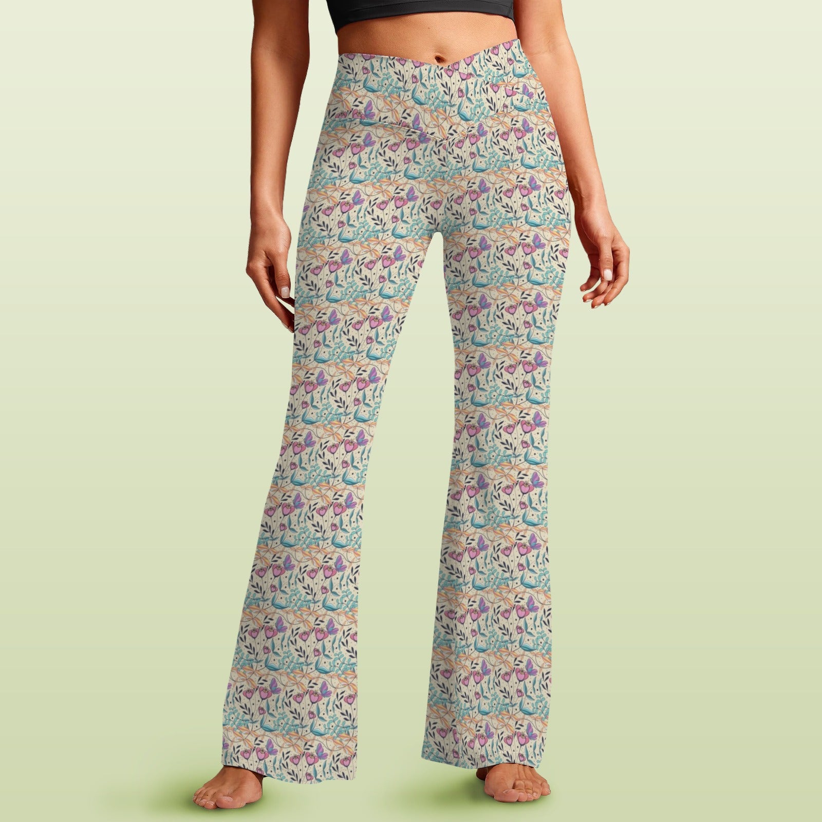 Butterfly Floral - High Waist Crossover Tummy Control Flare Leggings