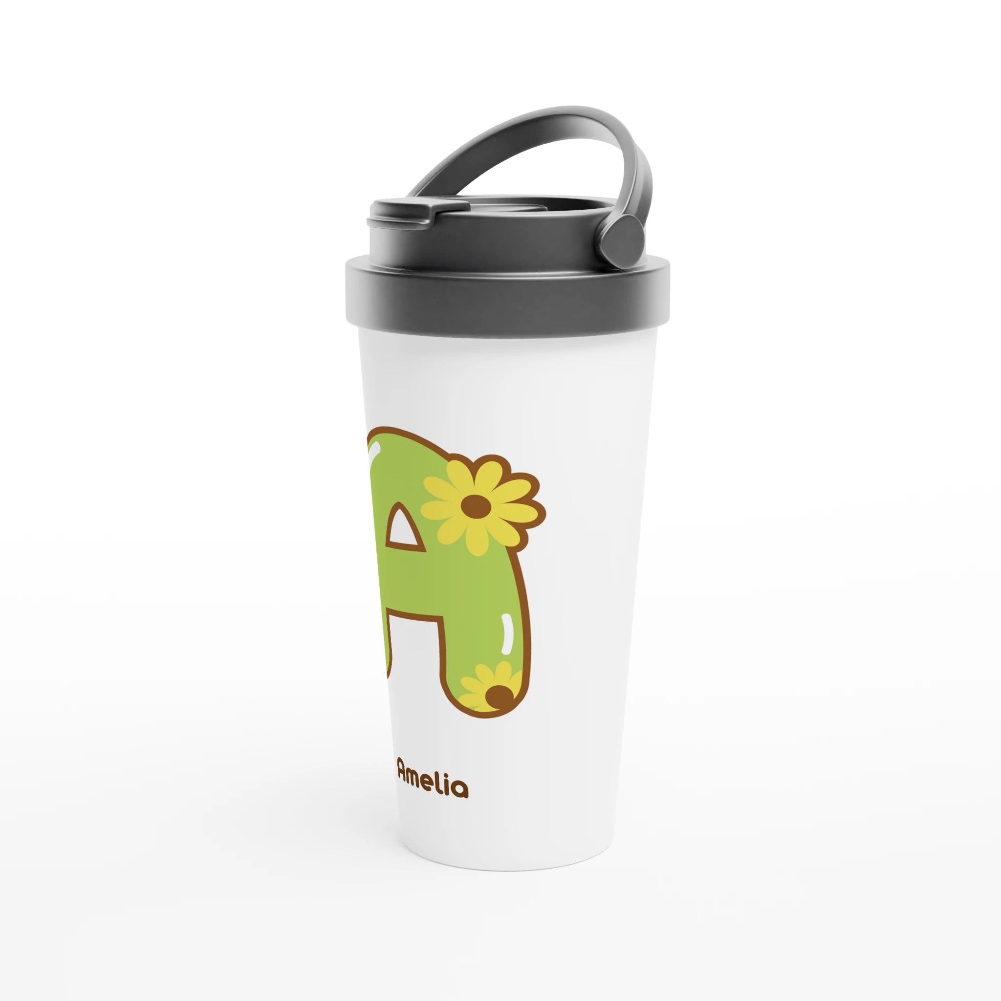 Personalised - Initial With Flowers - White 15oz Stainless Steel Travel Mug Personalised Travel Mug Customise Globally Fulfilled Initial Name Personalise