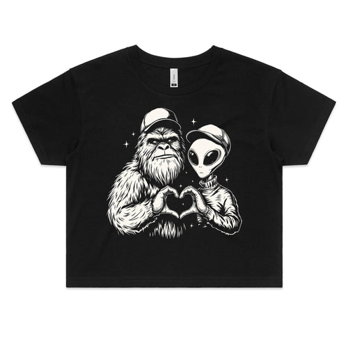 Alien Bigfoot Heart Hands Women's AS Colour Crop Tee Black Womens Crop T-shirt Printed In Australia Sci Fi
