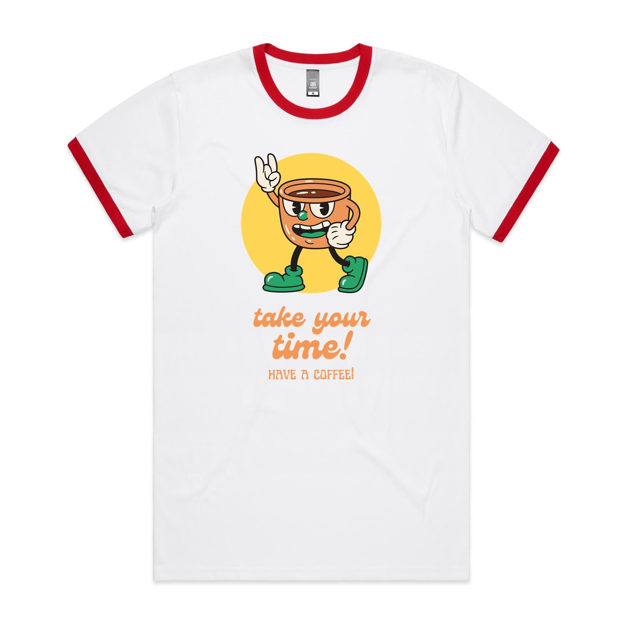 Take Your Time, Have A Coffee - Staple Ringer Tee White Red Ringer T-Shirt Coffee Printed In Australia
