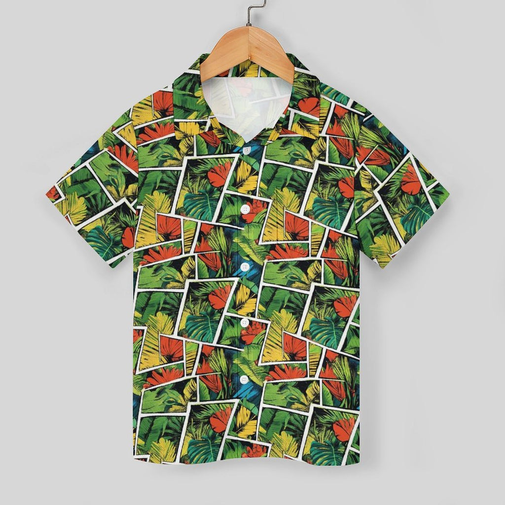 Tropical Comic Book Style Kids Youth Short Sleeve Button Up Shirt